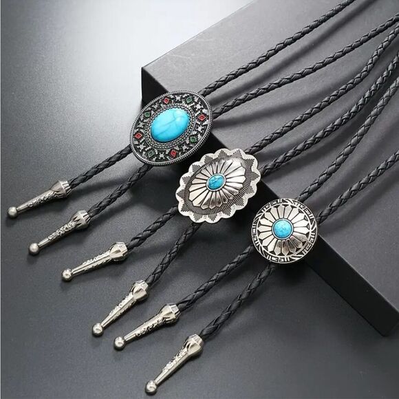 Turquoise Stone Small Round Concho Bolo Tie Mens Casual Western Cowboy Accessory - Picture 3 of 6